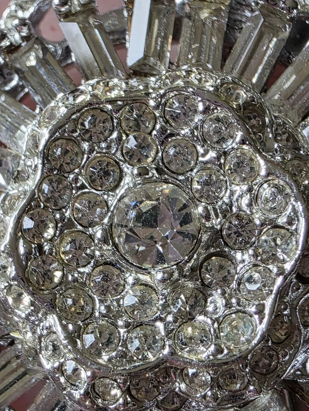 Vintage rhinestone brooch circular, tiered design with clear faceted rhinestones